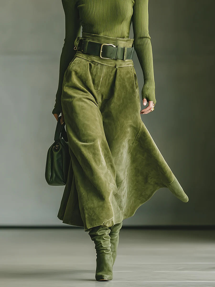 Olive Green Off-Shoulder Top & Faux Suede Skirt Set