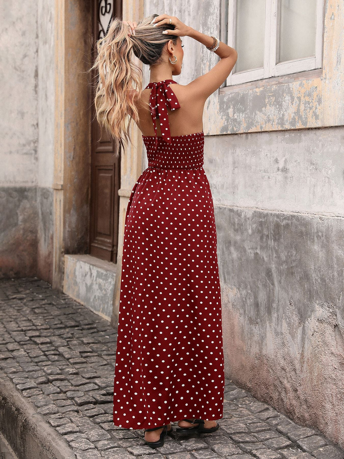 Polka Dot Halter Backless Maxi Dress XF251330