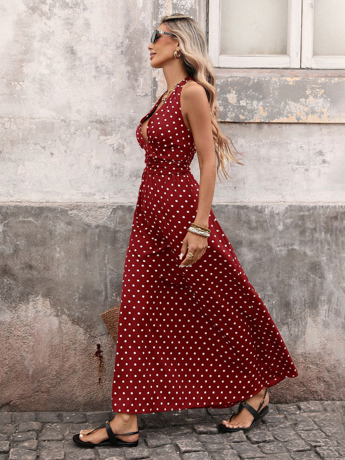Polka Dot Halter Backless Maxi Dress XF251330