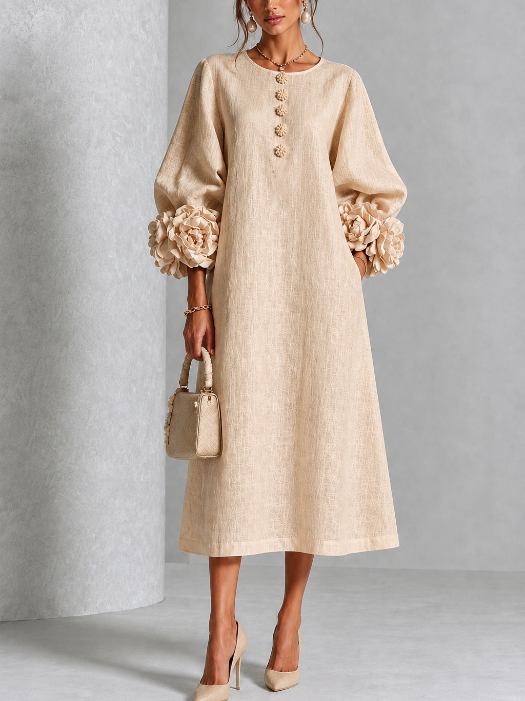 Elowen | Rosette-Cuff Button Midi Dress