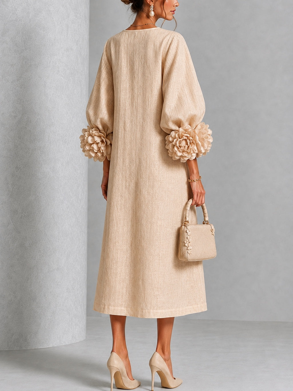 Elowen | Rosette-Cuff Button Midi Dress