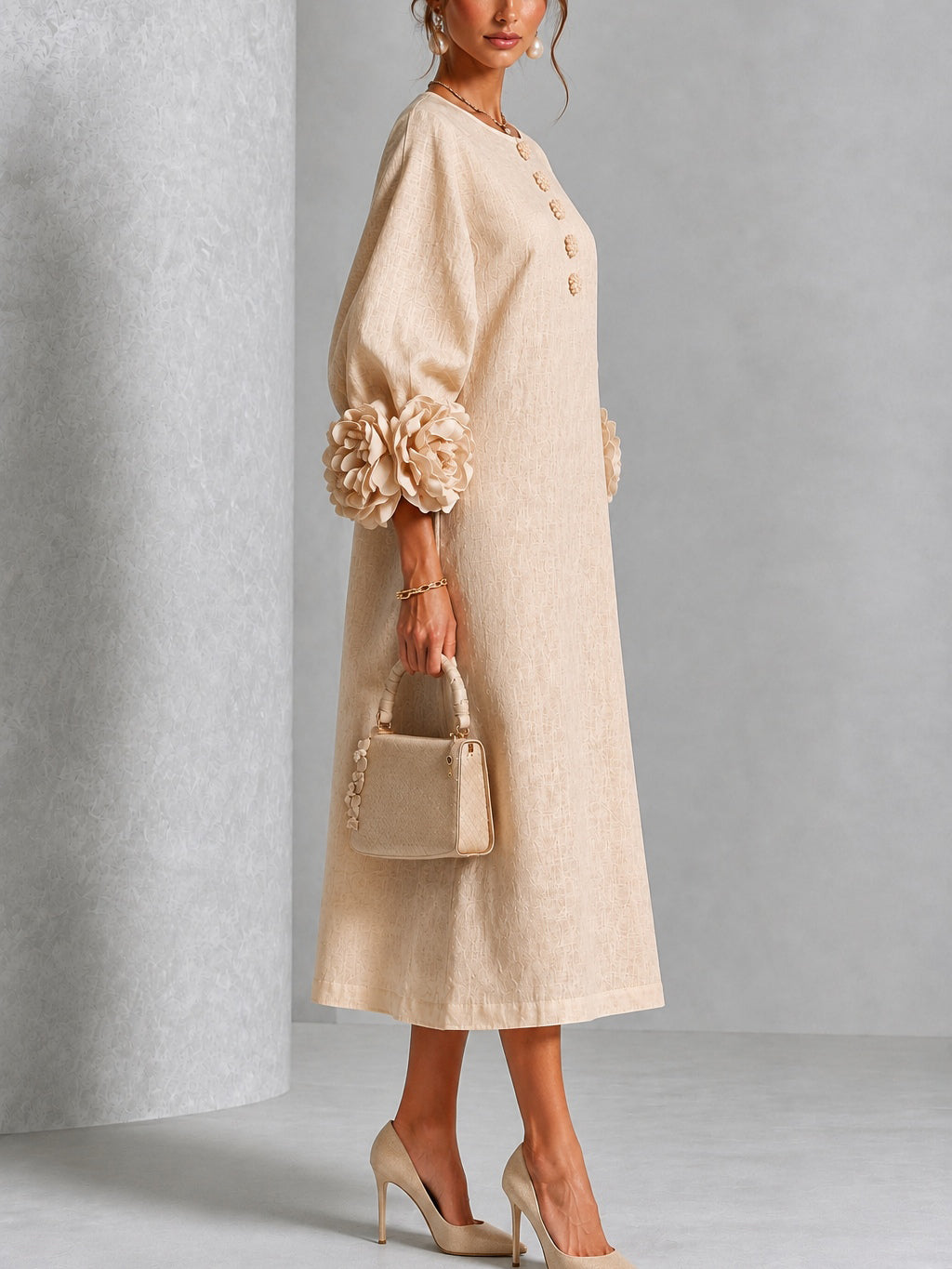 Elowen | Rosette-Cuff Button Midi Dress