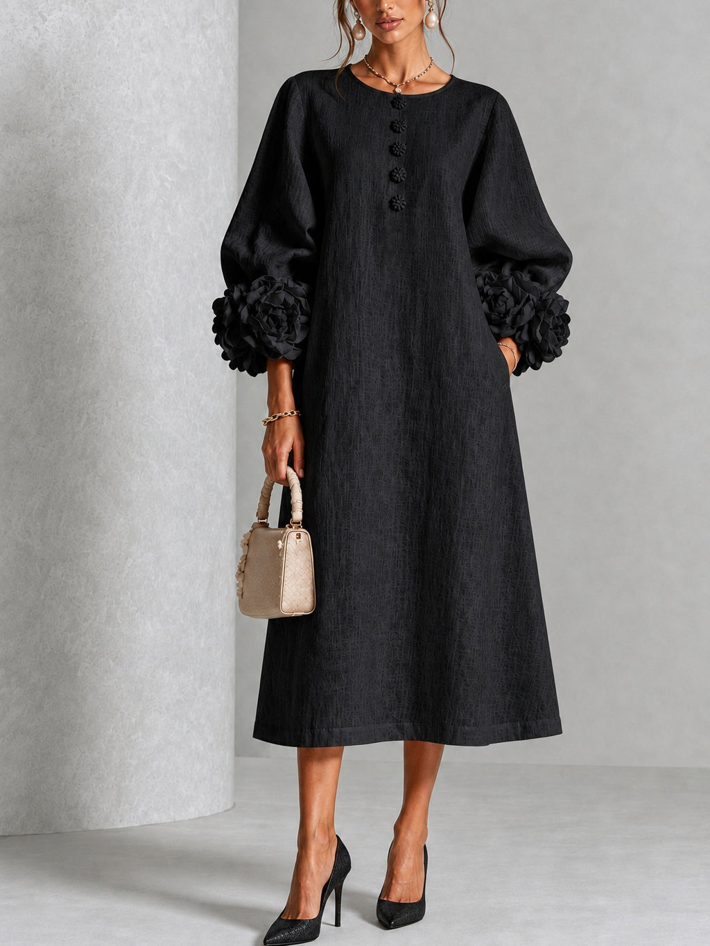 Elowen | Rosette-Cuff Button Midi Dress