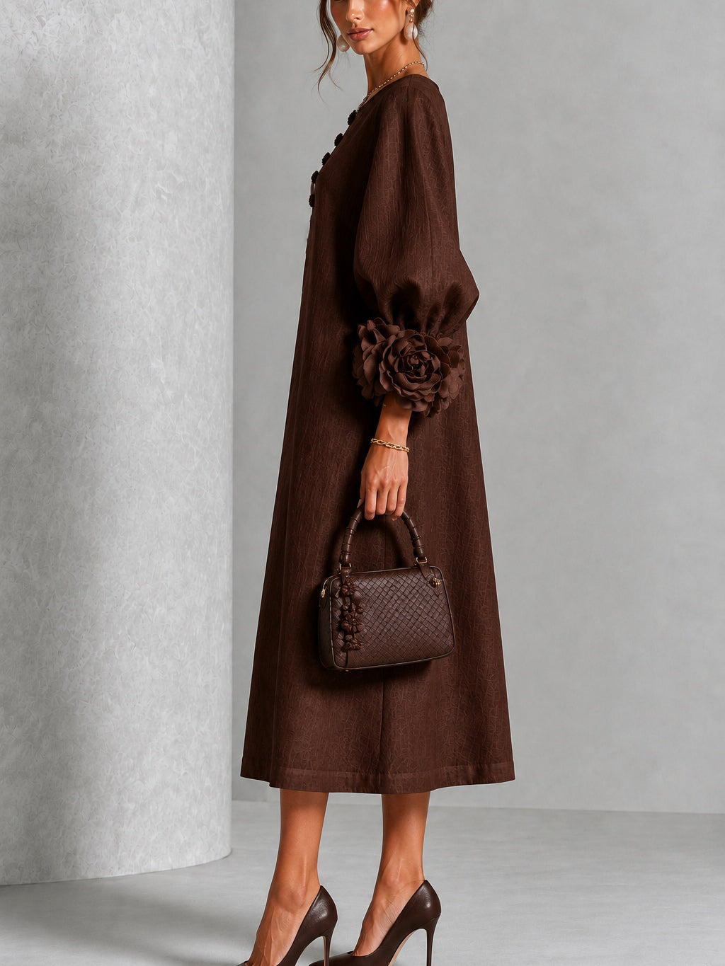 Elowen | Rosette-Cuff Button Midi Dress