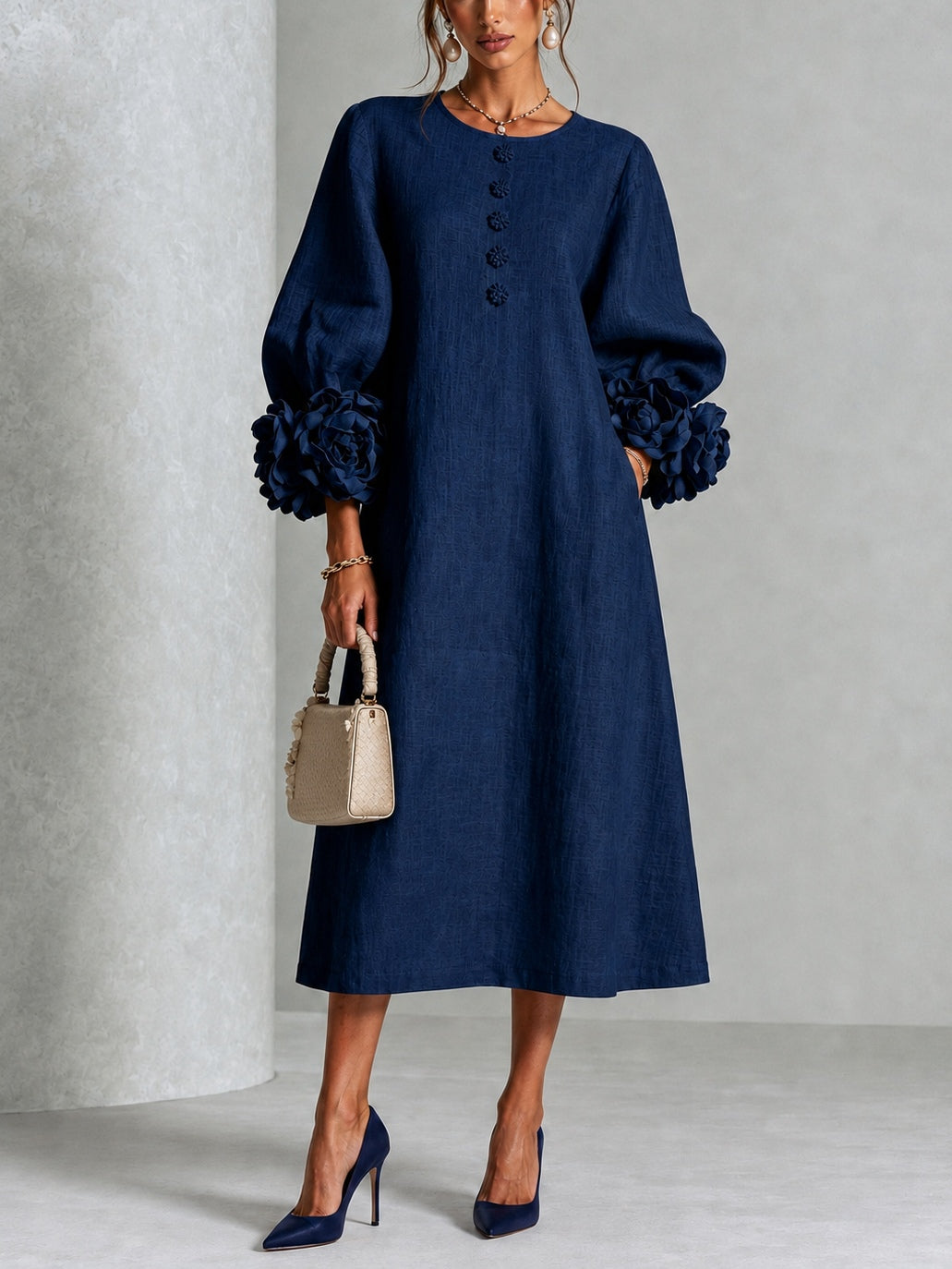 Elowen | Rosette-Cuff Button Midi Dress