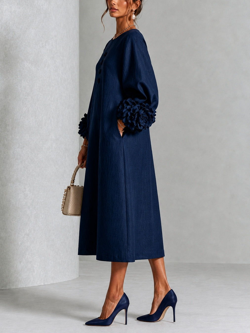 Elowen | Rosette-Cuff Button Midi Dress