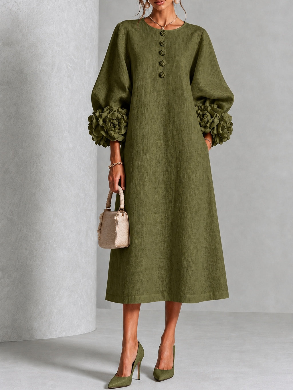 Elowen | Rosette-Cuff Button Midi Dress