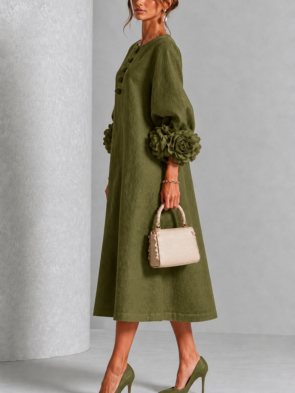 Elowen | Rosette-Cuff Button Midi Dress