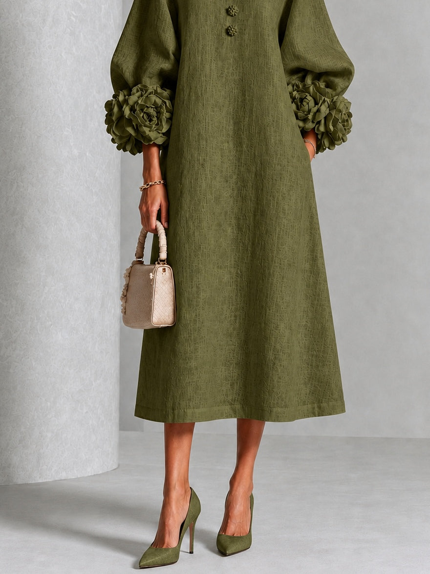 Elowen | Rosette-Cuff Button Midi Dress