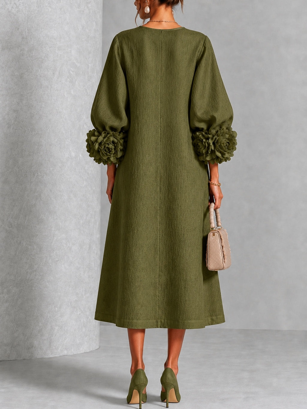 Elowen | Rosette-Cuff Button Midi Dress
