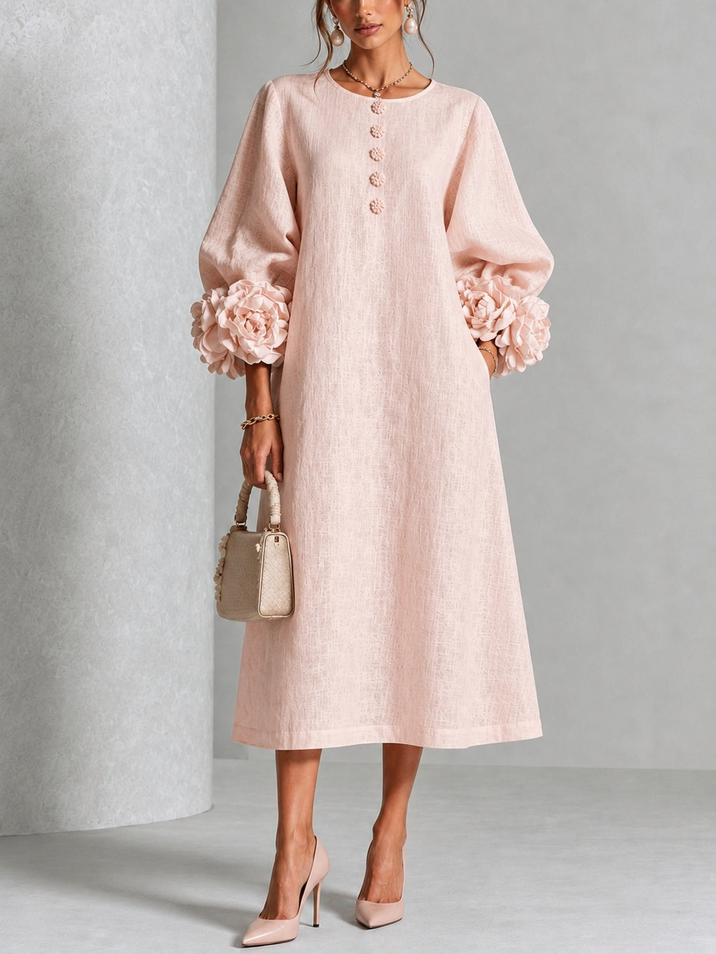 Elowen | Rosette-Cuff Button Midi Dress