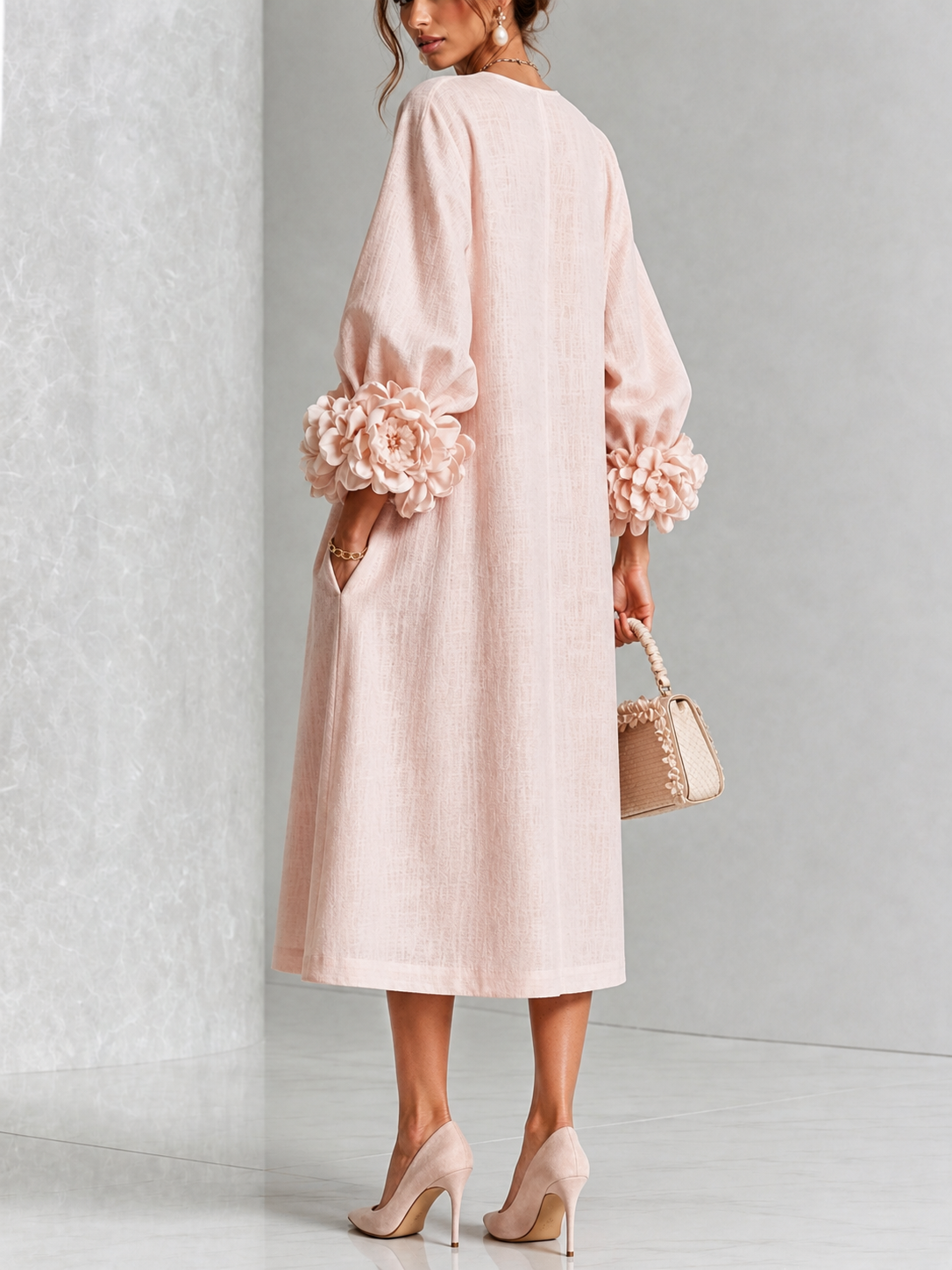 Elowen | Rosette-Cuff Button Midi Dress