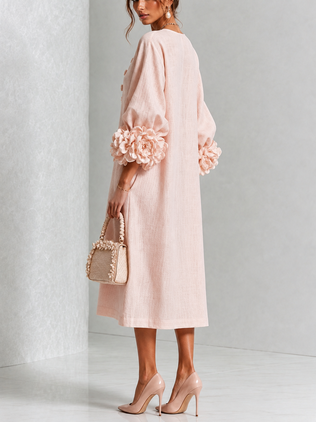 Elowen | Rosette-Cuff Button Midi Dress