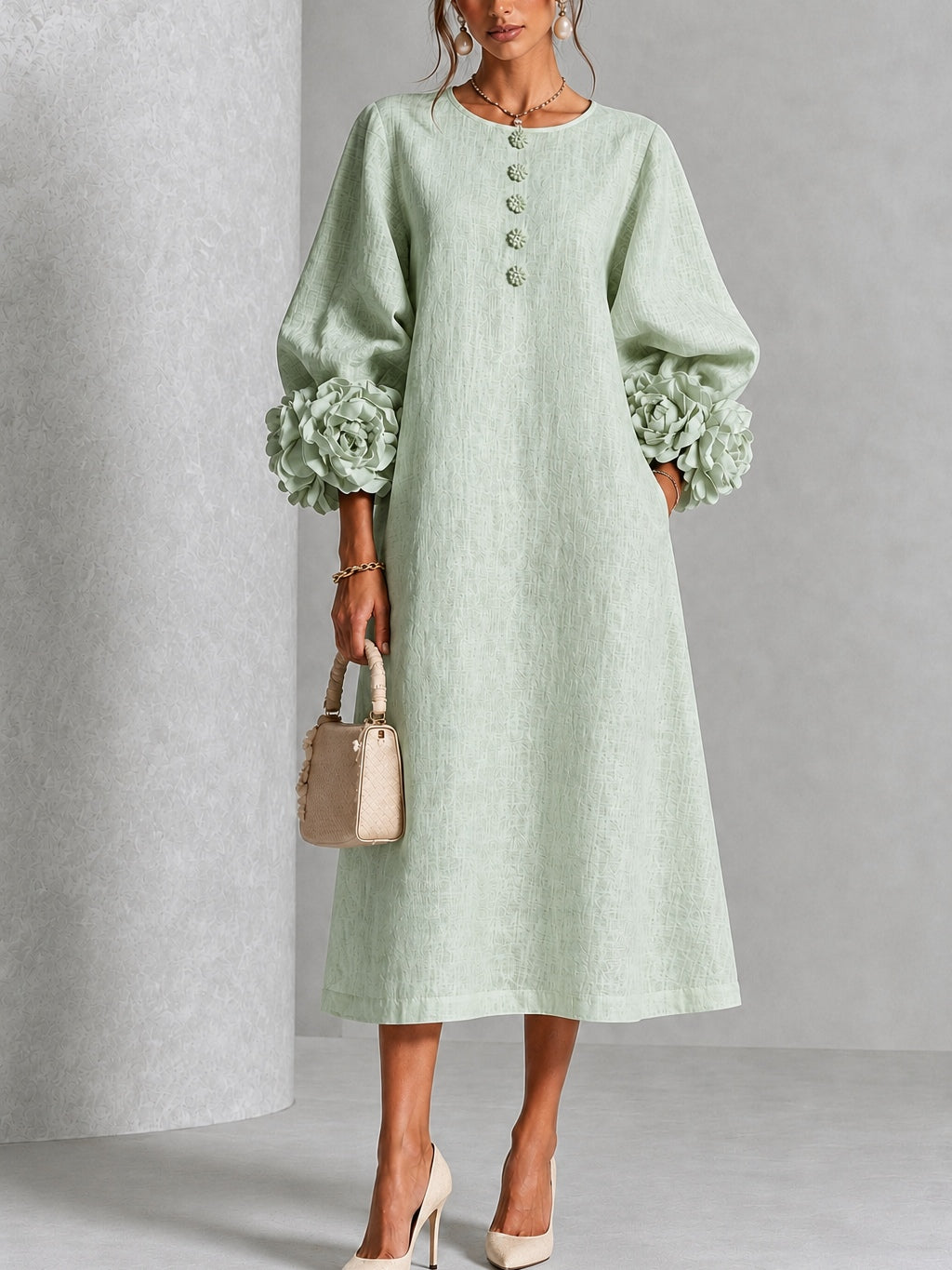 Elowen | Rosette-Cuff Button Midi Dress