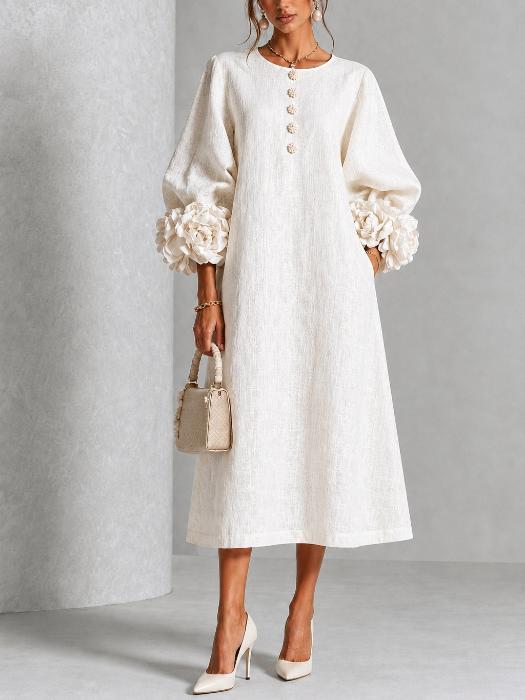 Elowen | Rosette-Cuff Button Midi Dress