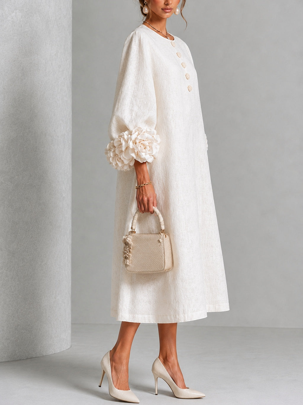 Elowen | Rosette-Cuff Button Midi Dress