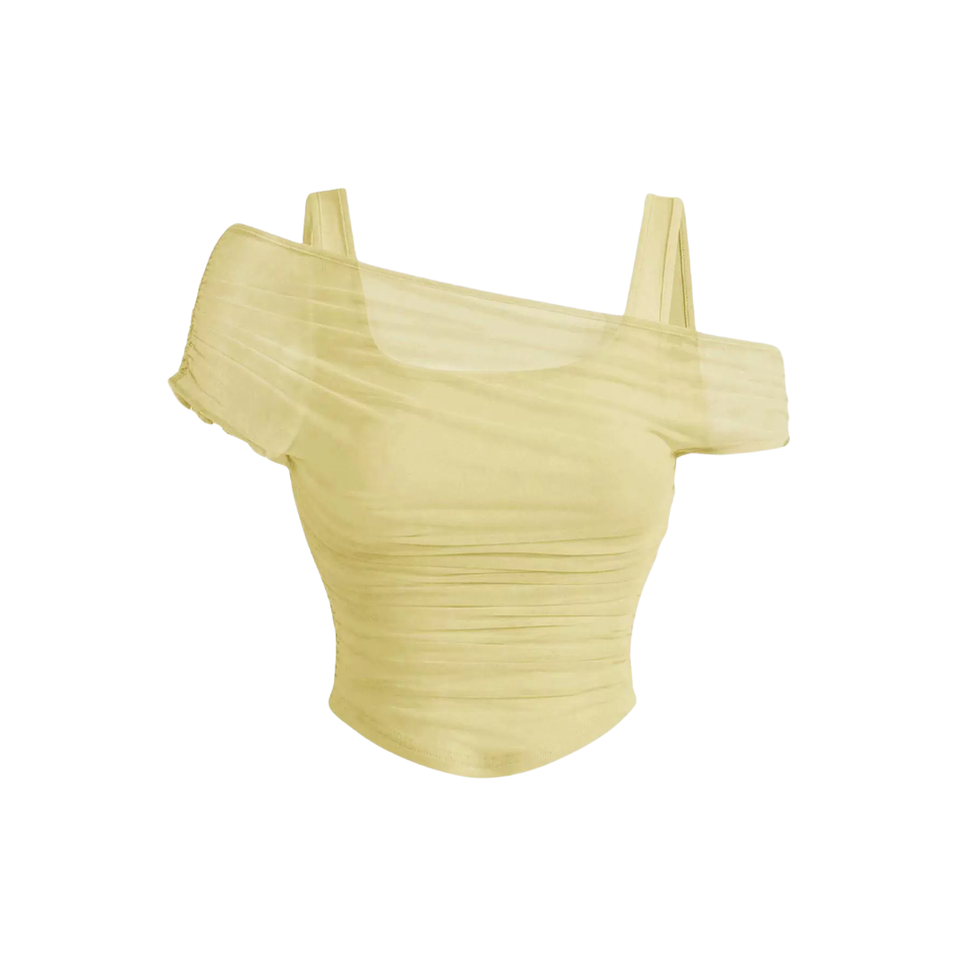 LUXETTE™ – Ruched Mesh Asymmetric Crop Top