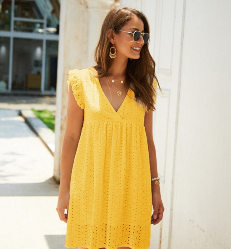 Luciennea | Broderie V-Neck Midi Dress