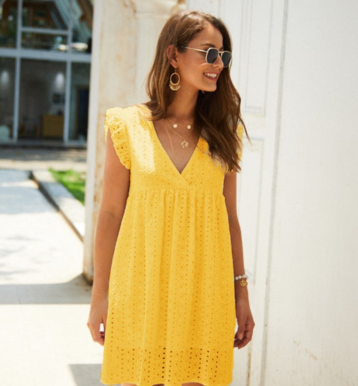 Luciennea | Broderie V-Neck Midi Dress