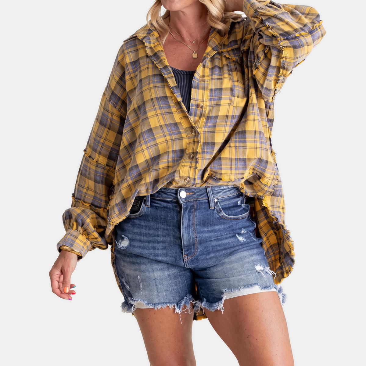 Jeanette | Women's Raw Hem Flannel Shirt Oversized Long Sleeve Blouse