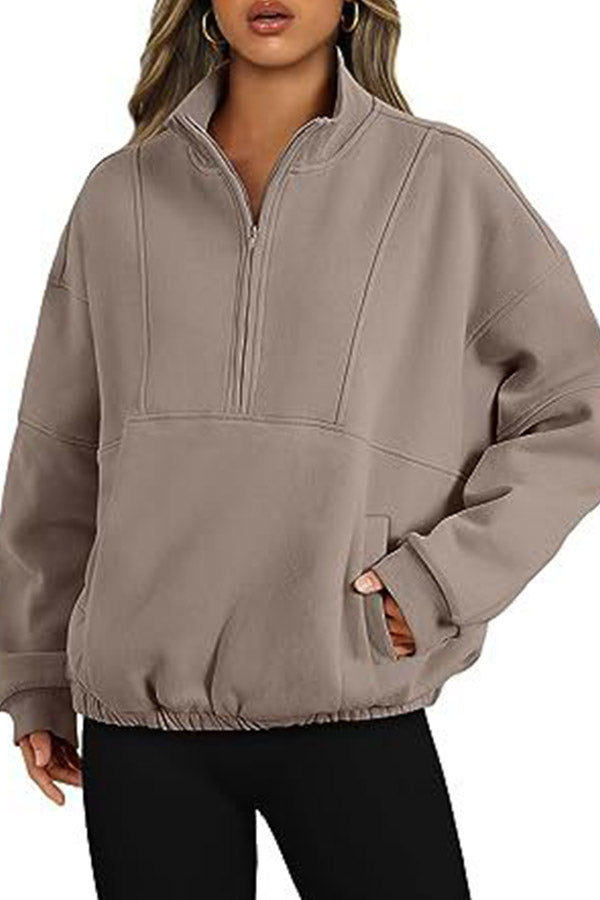 Zip Pocket Pullover Stand Collar Long Sleeve Top