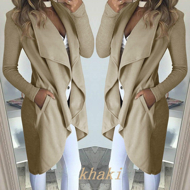 Fashion Solid Colour Lapel Slim Long Windbreaker Jacket