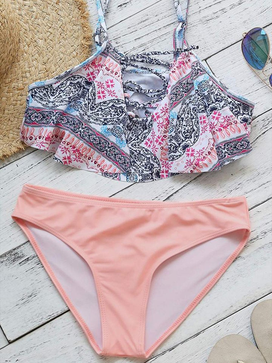 Skinny Floral Printed Two Pieces Swimsuit