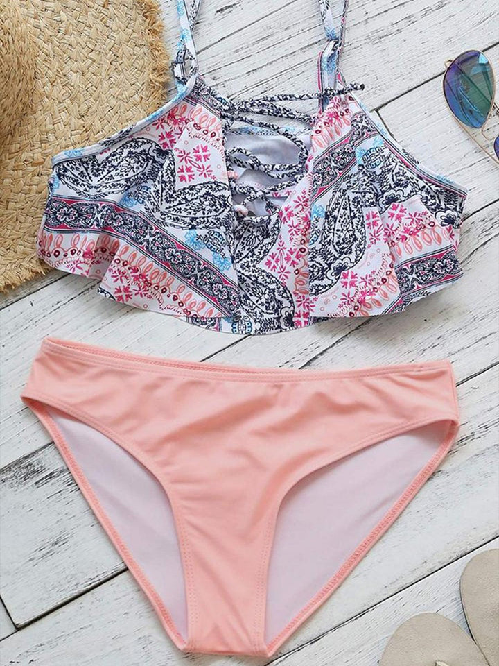 Skinny Floral Printed Two Pieces Swimsuit