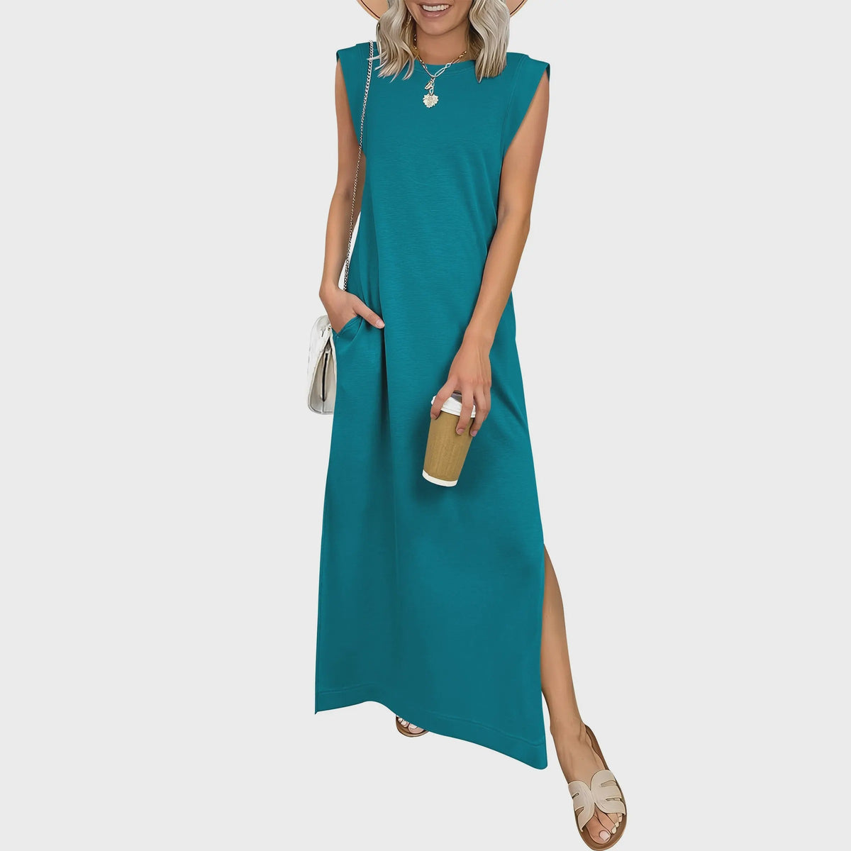 Casual Sleeveless Crew-Neck Maxi Dress