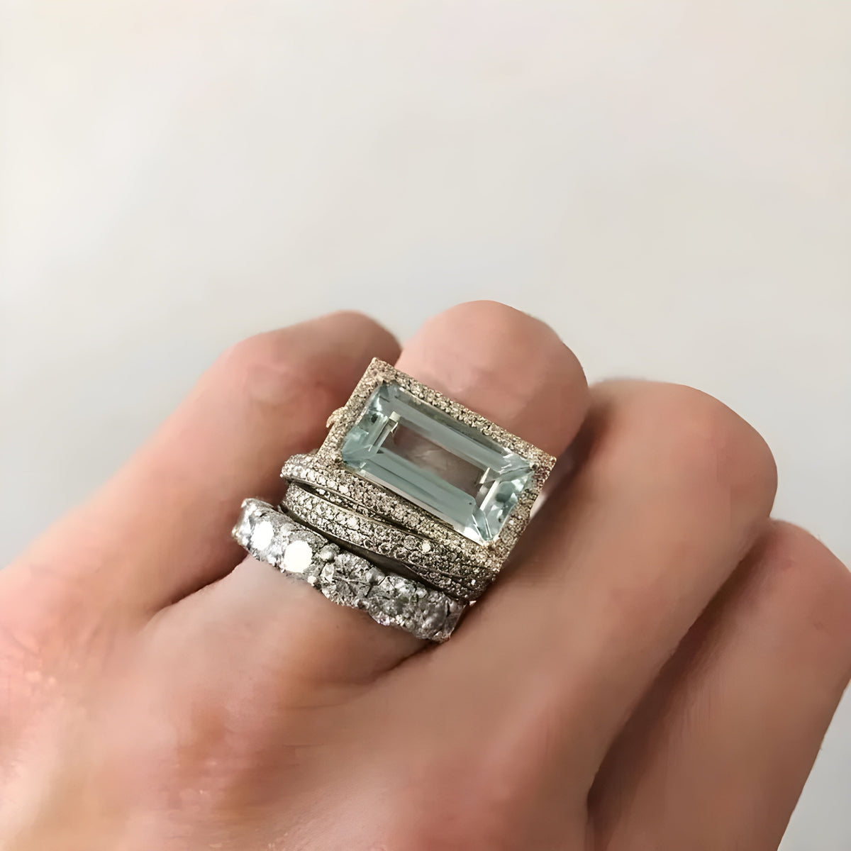 Lorenza set of 3 art deco rings with aquamarine
