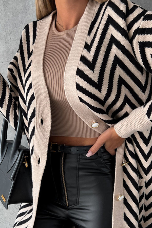 Lapel long sleeve loose mid-length leopard print woolen casual cardigan