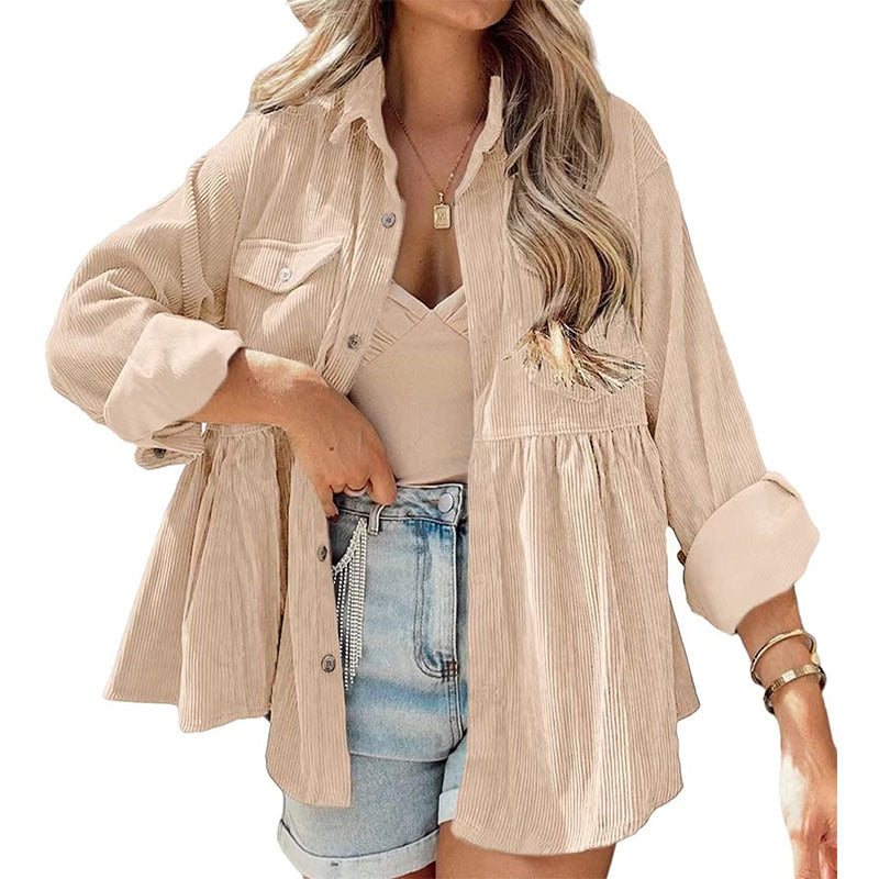 women's long sleeve corduroy ruffled shirt top button down shirt