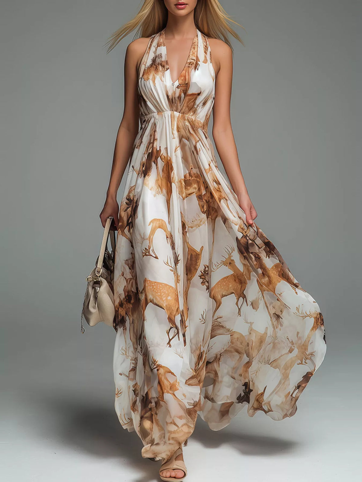 Printed Halter Neck Flowy Summer Dress