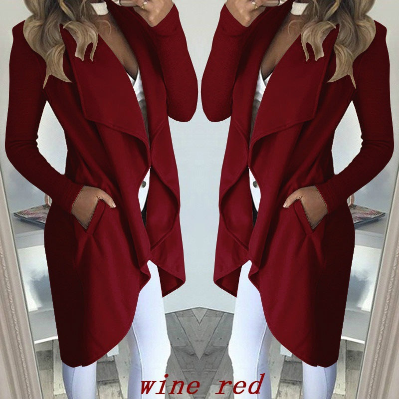Fashion Solid Colour Lapel Slim Long Windbreaker Jacket