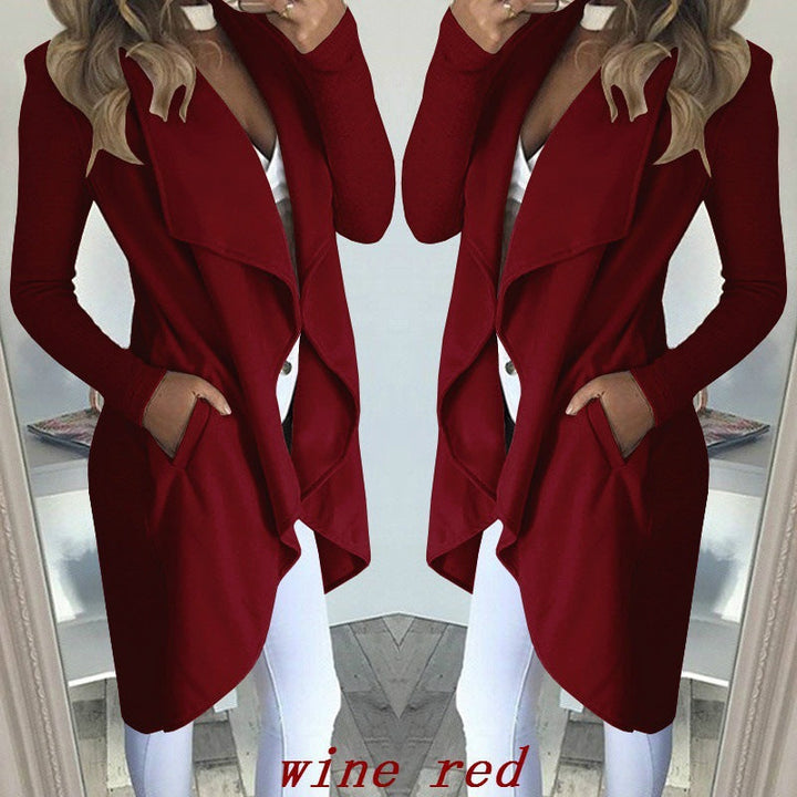 Fashion Solid Color Lapel Slim Long Windbreaker Jacket