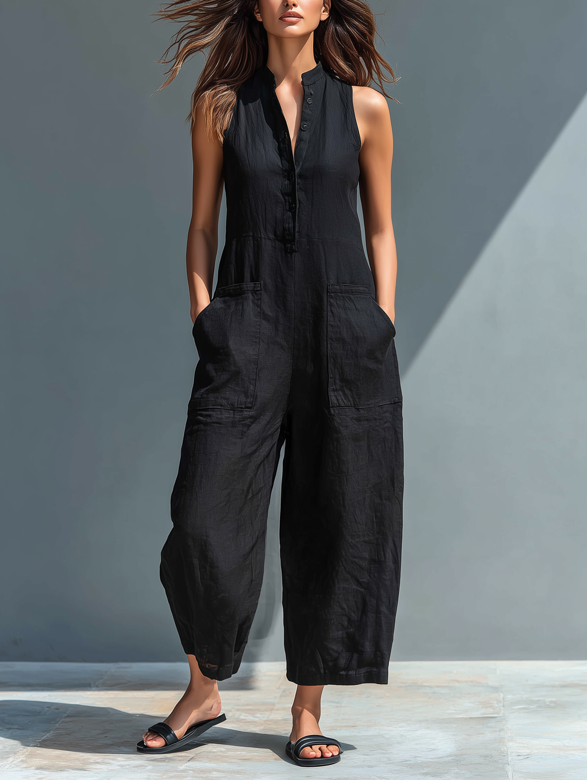 Women's Minimalist Linen Blend Loose Jumpsuit