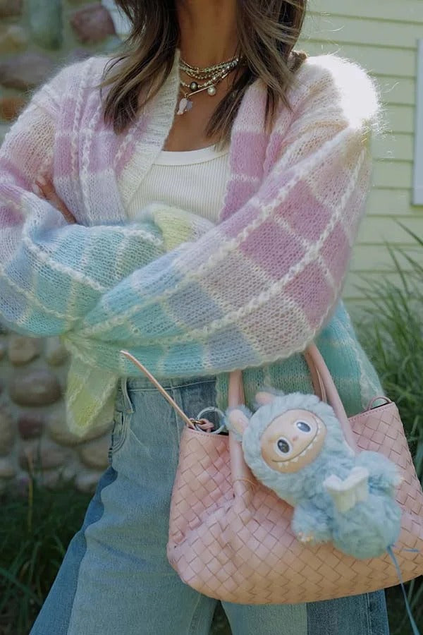 SHINE | Knit Color Blocks Open Front Balloon Sleeve Loose Cardigan