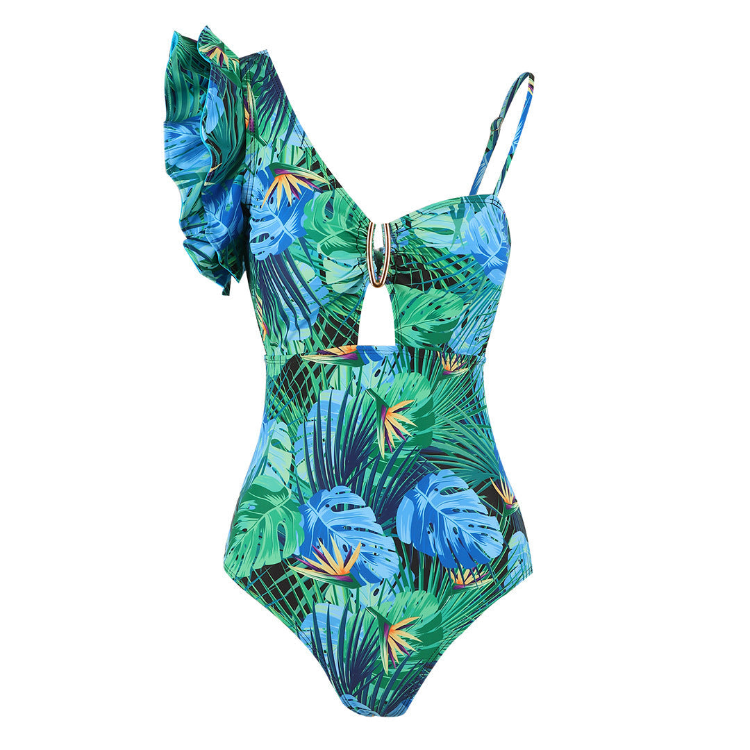 One-shoulder bodycon ruffled swimsuit
