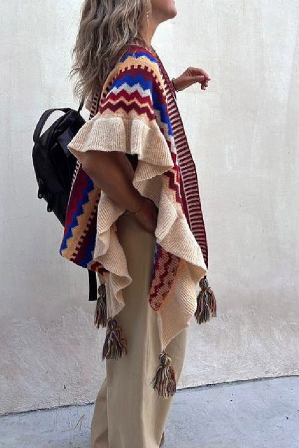 LIA | Ruffled ethnic style knitted cardigan