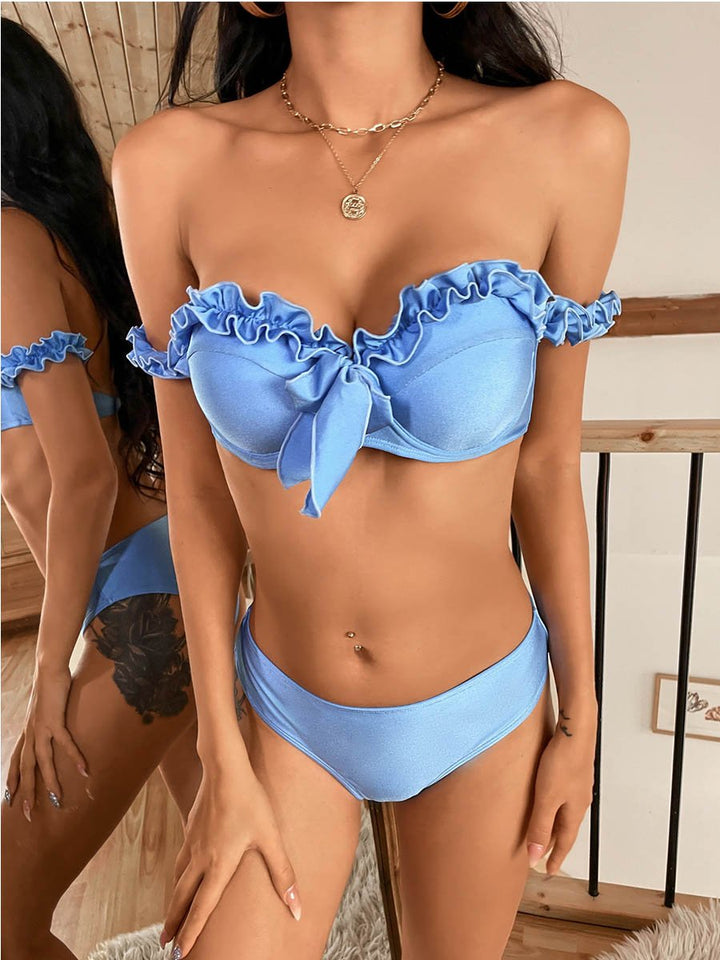 Ruffle bow solid bikini