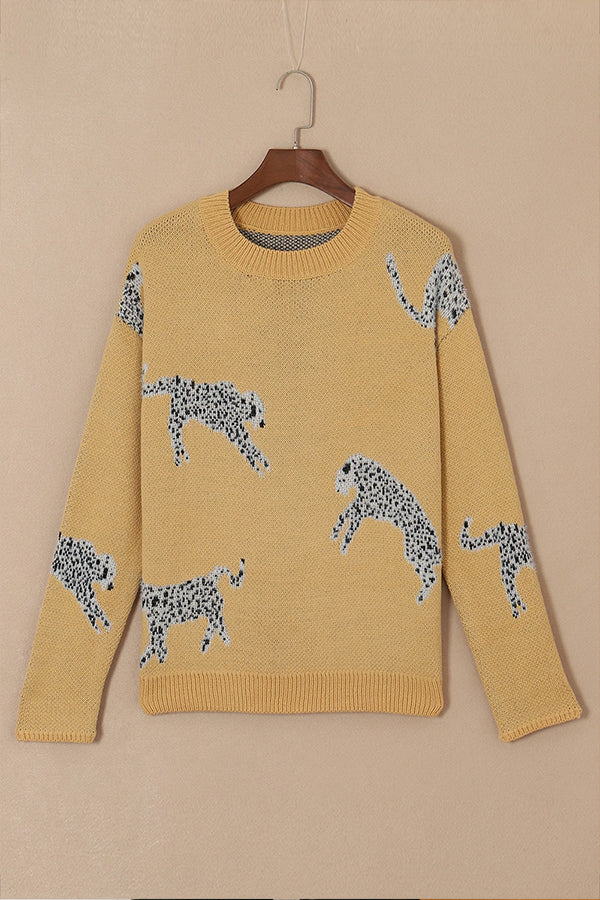 Camel Color Animal Print Drop Shoulder Knit Sweater