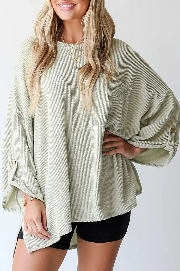 LG Pocket Crew Neck Button Down Long Sleeve Top