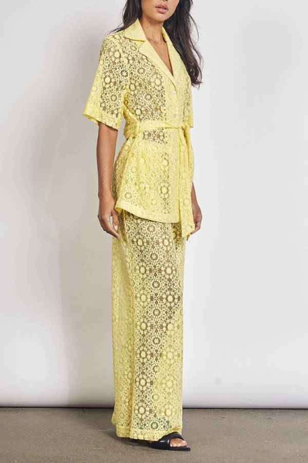 The Sun Shines Floral Lace Button Up Belted Lapel Loose Shirt