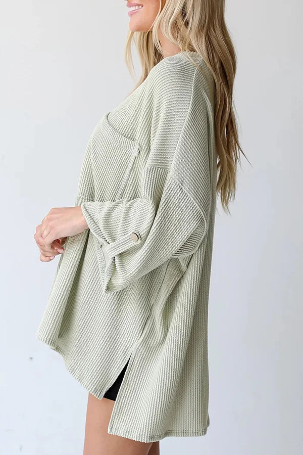LG Pocket Crew Neck Button Down Long Sleeve Top