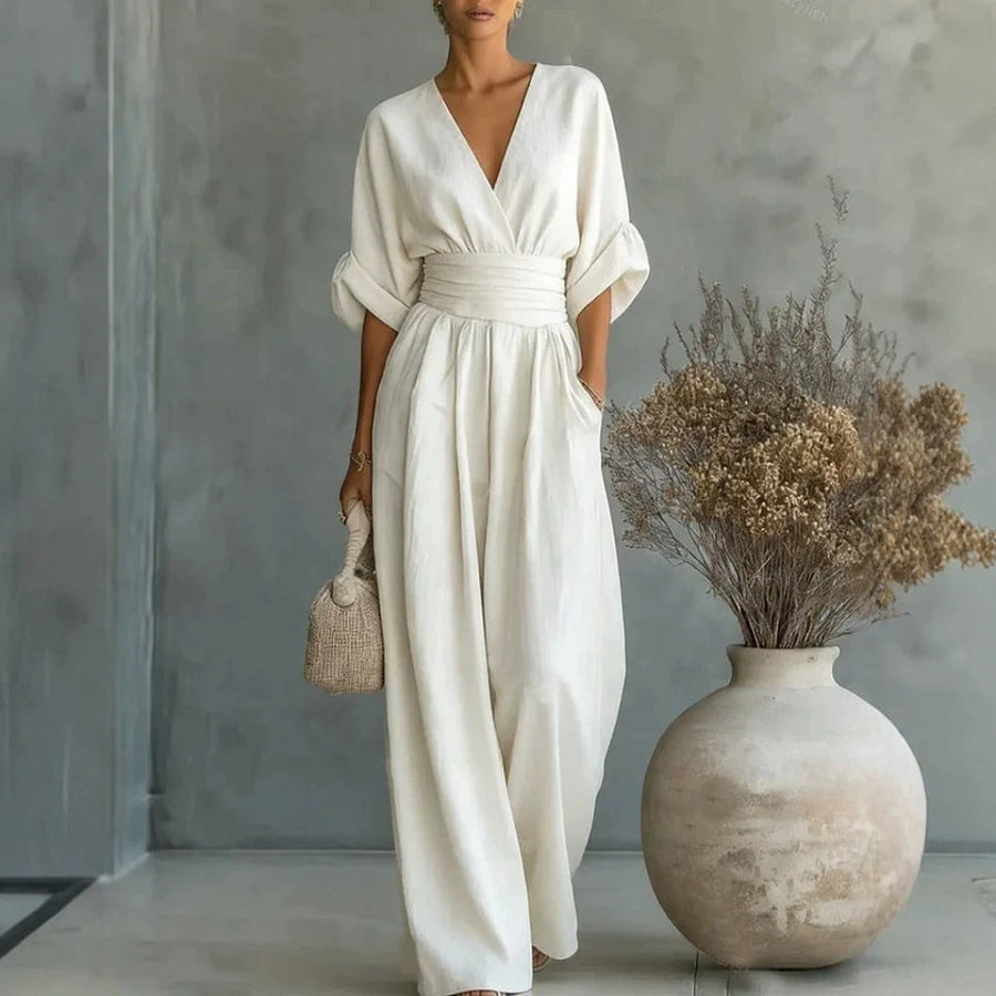 Women’s Short Sleeve V-Neck Wide Leg Jumpsuit