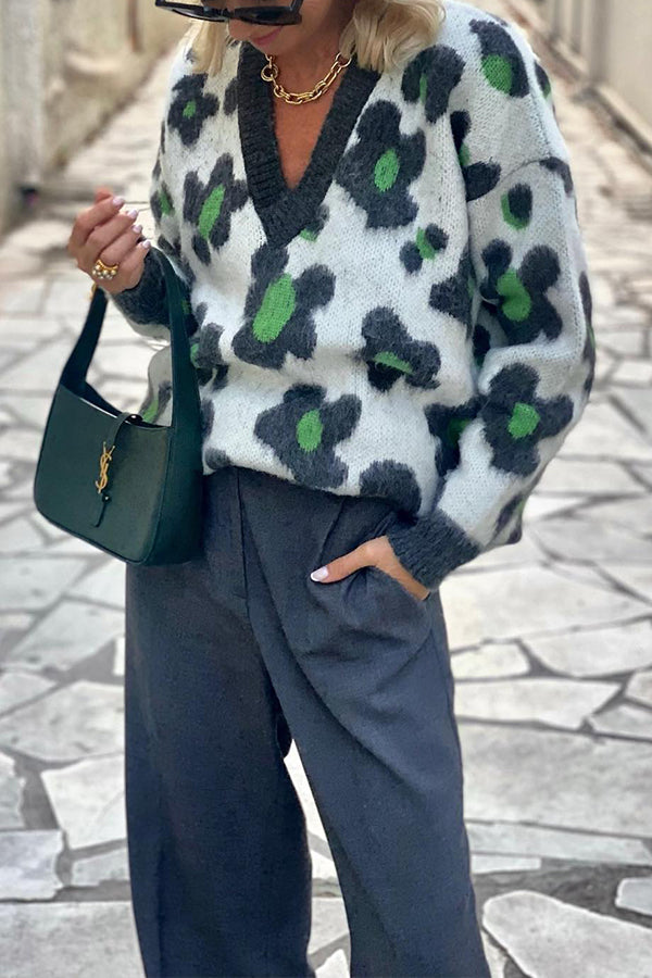 FLOWER |  Knit Flower Pattern Loose Pullover Sweater