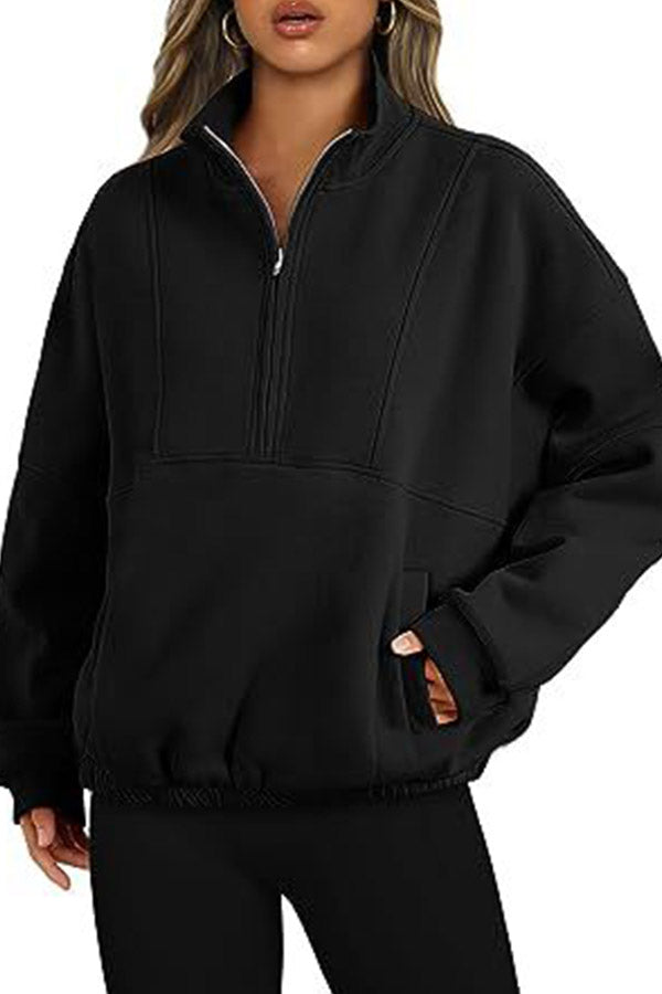 Zip Pocket Pullover Stand Collar Long Sleeve Top