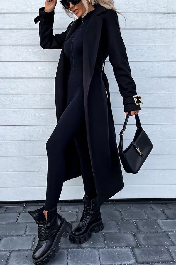 Style Expedition Woolen Belted Metal Button Lapel Midi Trench Coat