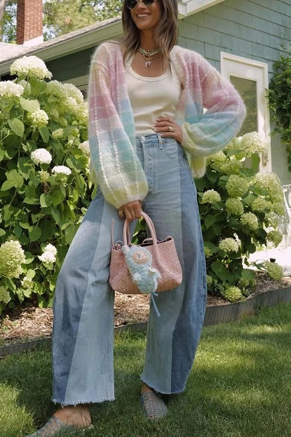 SHINE | Knit Color Blocks Open Front Balloon Sleeve Loose Cardigan