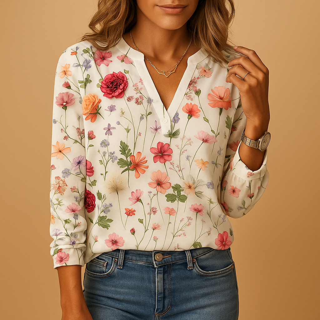 Women's V-Neck Floral Print Blouse with Long Sleeves | Tess